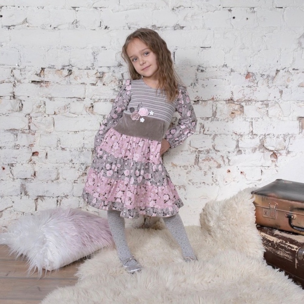 Zaza Couture Girls Striped Floral Tiered Dress Pink Gray Long Sleeve Size 5